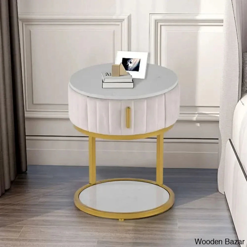 White Round Faux Marble Side Table with Storage Velvet Gold Finish - Wooden Empiro