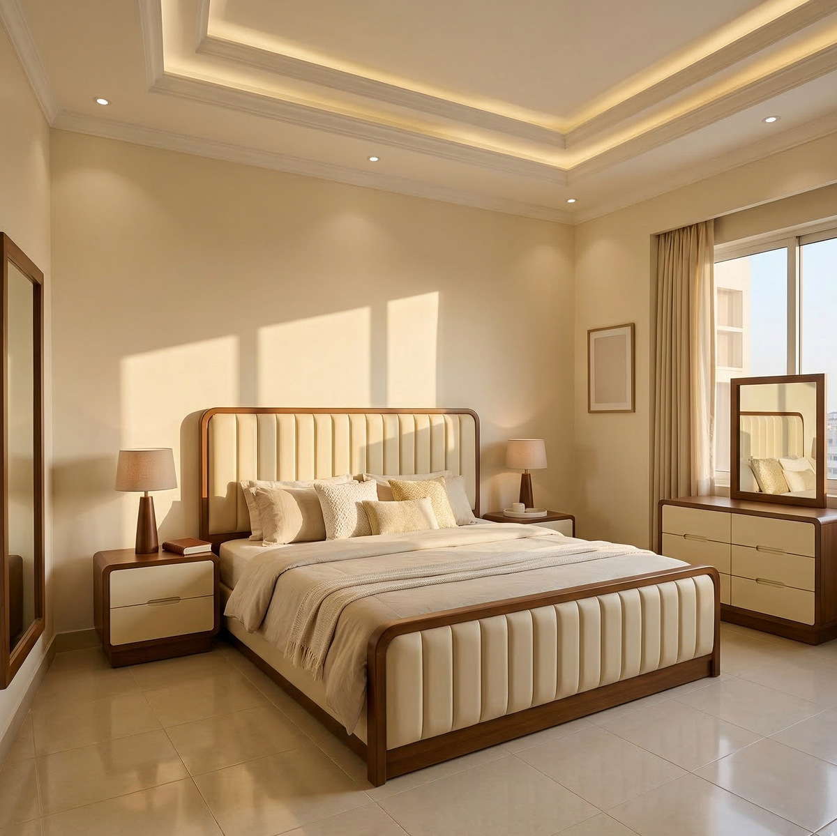 Beige bedroom with a large bed, nightstands, and a dresser.