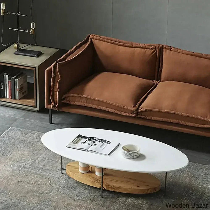 Wooden Empiro 39" Modern White & Natural Oval Coffee Table with Storage Shelf Light Wood and Metal