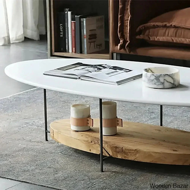 Wooden Empiro 39" Modern White & Natural Oval Coffee Table with Storage Shelf Light Wood and Metal