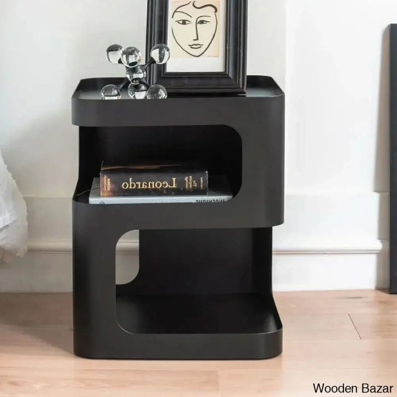 Wooden Empiro  Black End Table with Storage 3-Tier Hollow Side Table in Artistic Style