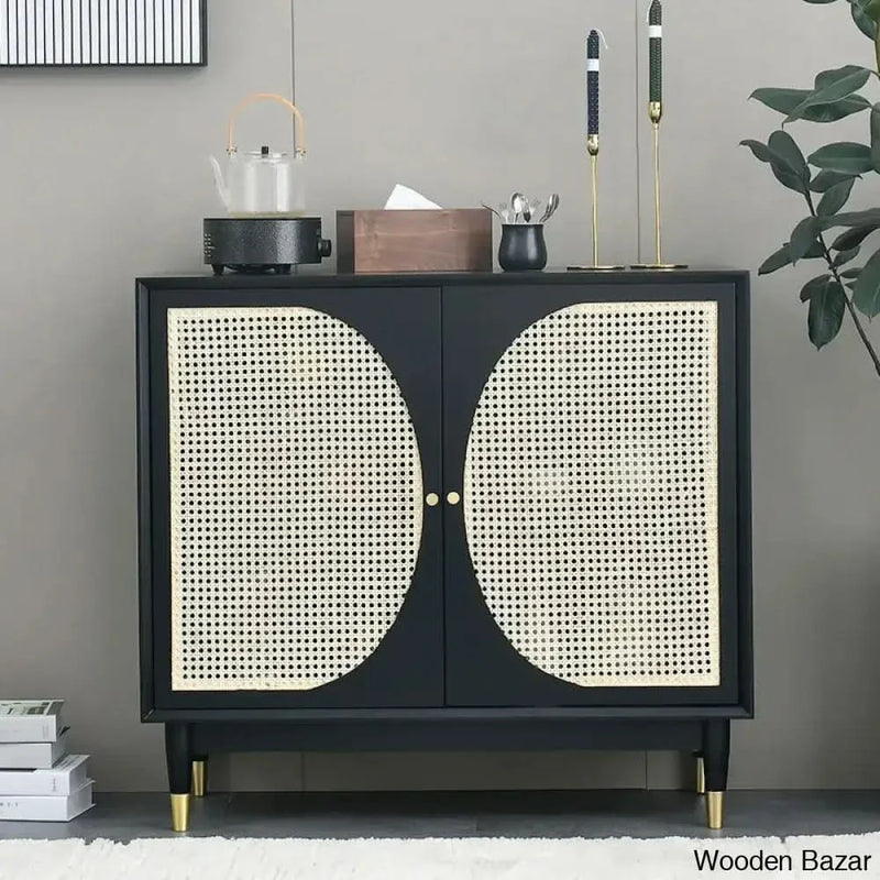 Wooden Empiro Black Rattan Accent Cabinet 2-Door Sideboard Buffet with Adjustable Shelves