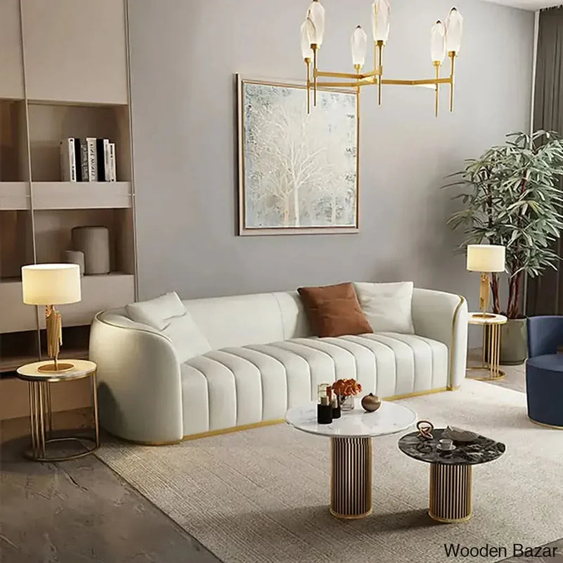 Wooden Bazar  Modern Faux Leather Upholstered 3-Seater Sofa with Gold Legs