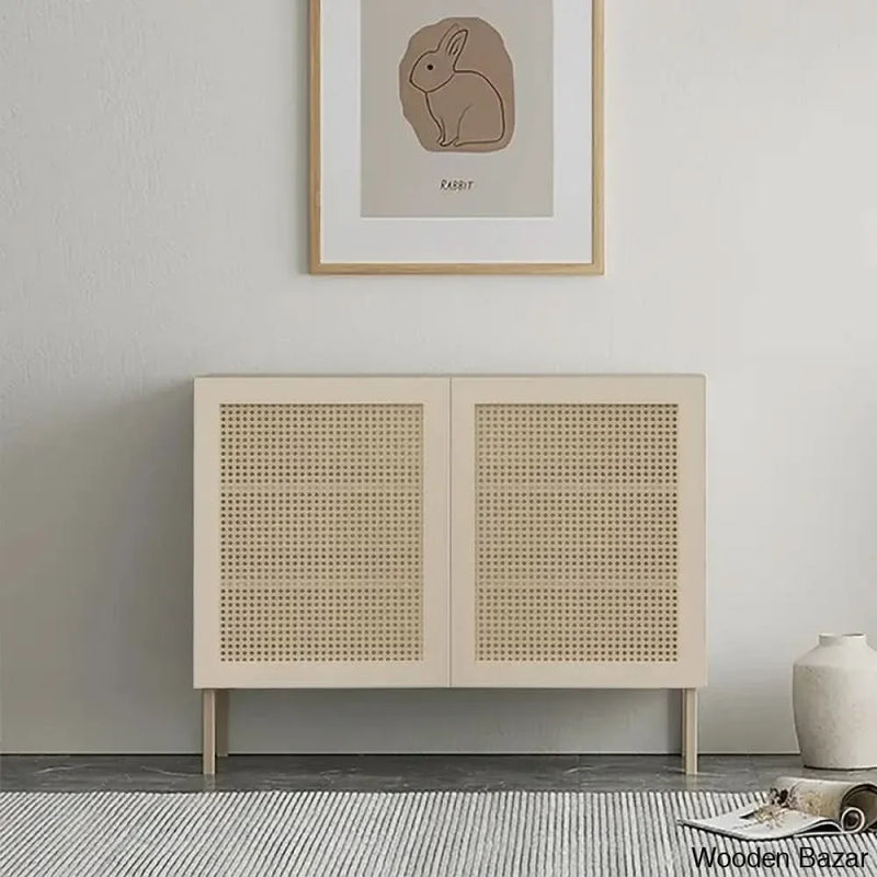 Wooden Empiro Nordic Beige Cabinet with 2 Doors 2 Shelves Rattan Woven