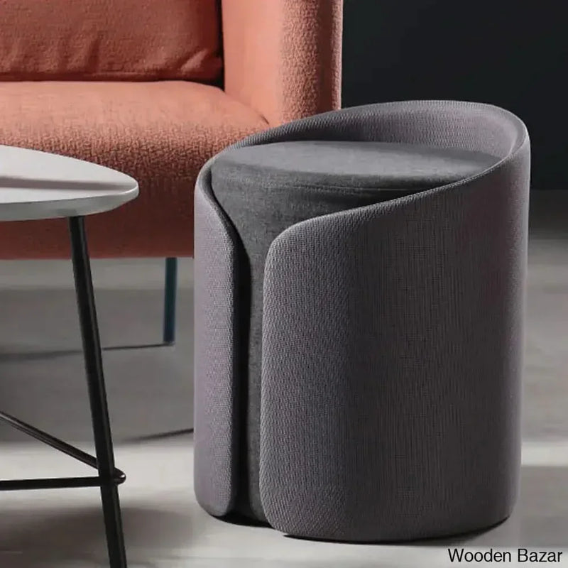 Wooden Empiro Stylish Round Upholstered Ottoman Cotton & Linen Ottoman Pouf