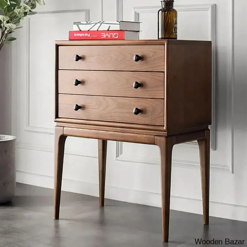 Wooden Empiro Tanic Mid Century Modern Chest Cabinet with Storage 3 Drawers of Ash Wood in Walnut