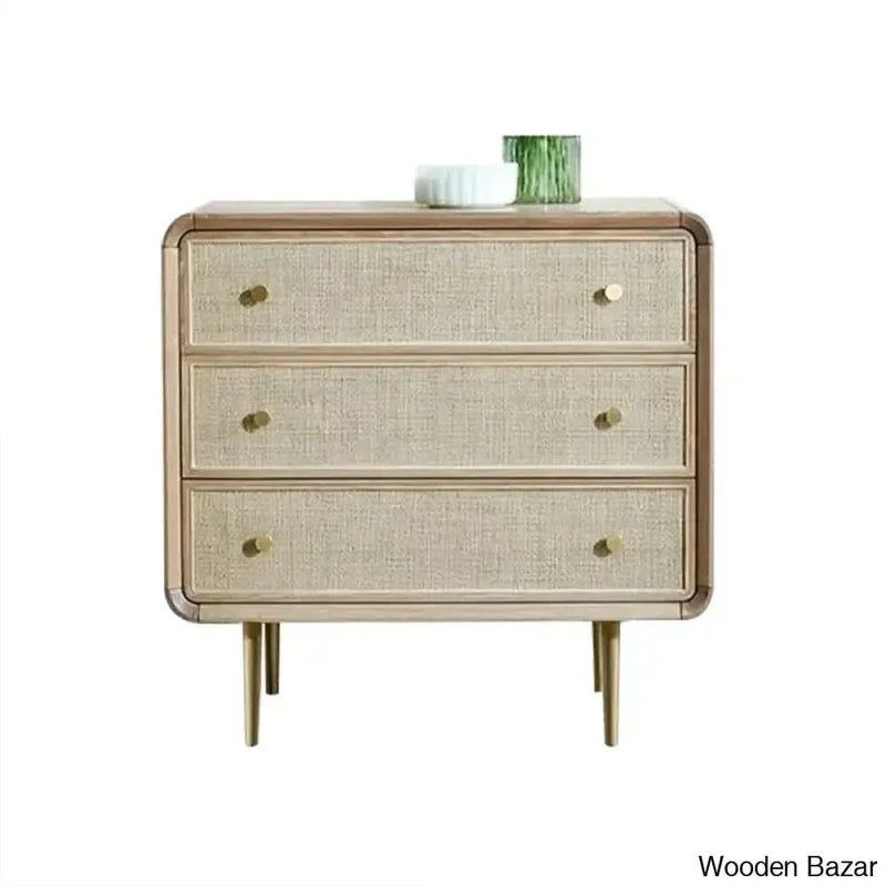 Wooden Empiro Tural Mid-Century Modern Natural Cabinet 3-Drawer Chest Rattan Woven in Gold