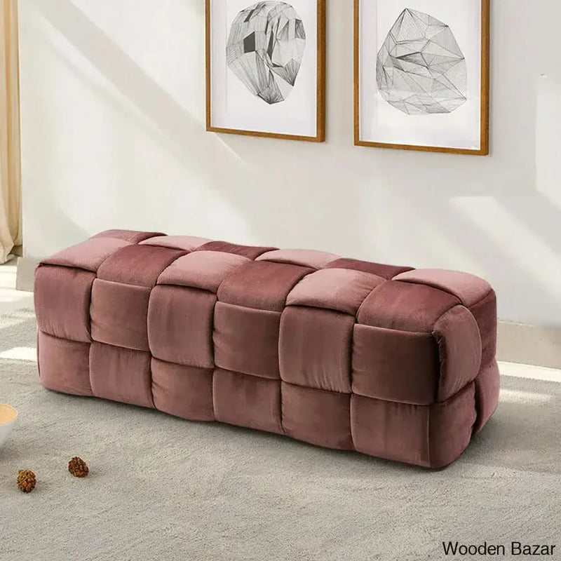 Wooden Empiro Velvet Upholstered Bench Rectangle Weave Bedroom Bench in Pink
