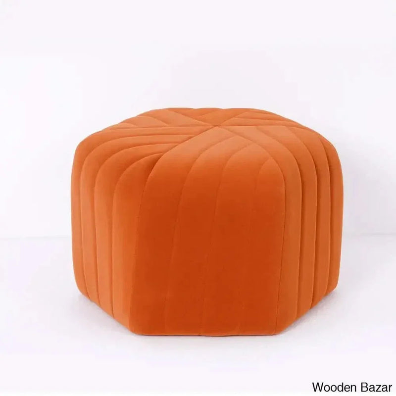 Wooden Empiro " Wide Velvet Pouf Ottoman Hexagonal Ottoman in Orange