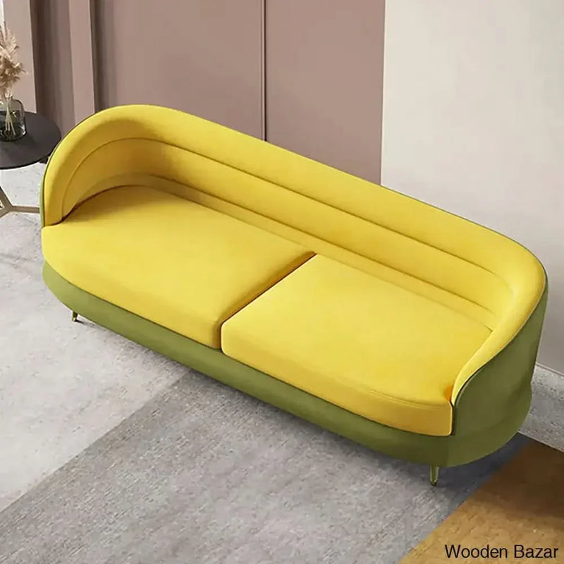 Wooden Bazar Yellow & Green Velvet Upholstered Sofa for 3 Seaters with Gold Legs