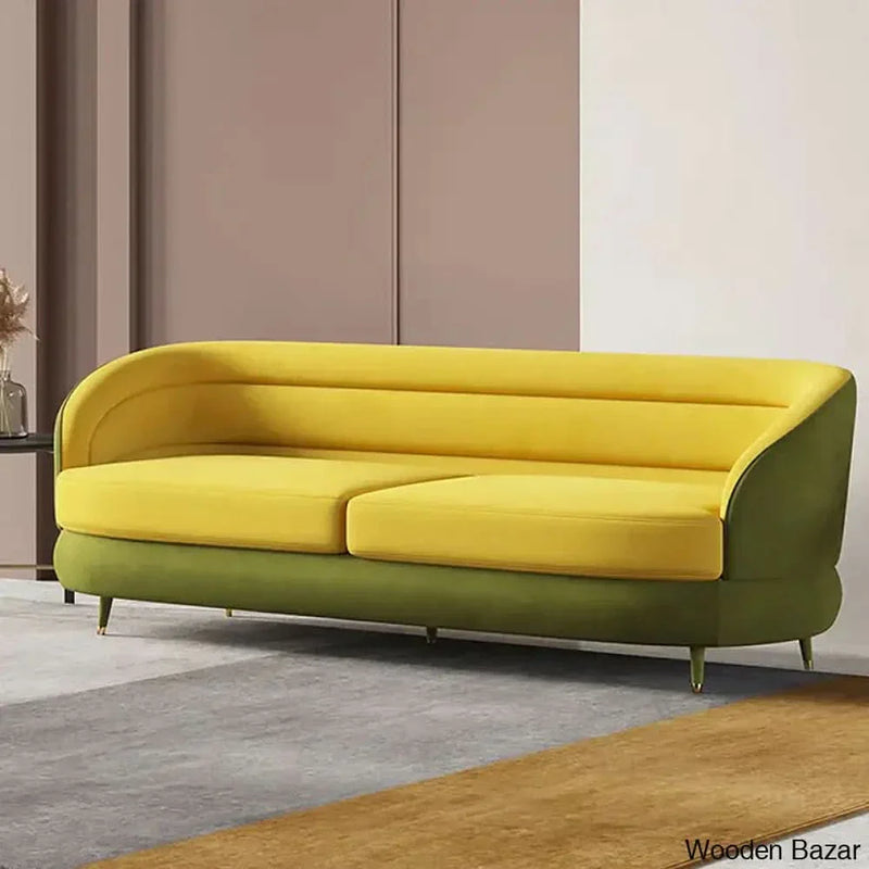 Wooden Bazar Yellow & Green Velvet Upholstered Sofa for 3 Seaters with Gold Legs