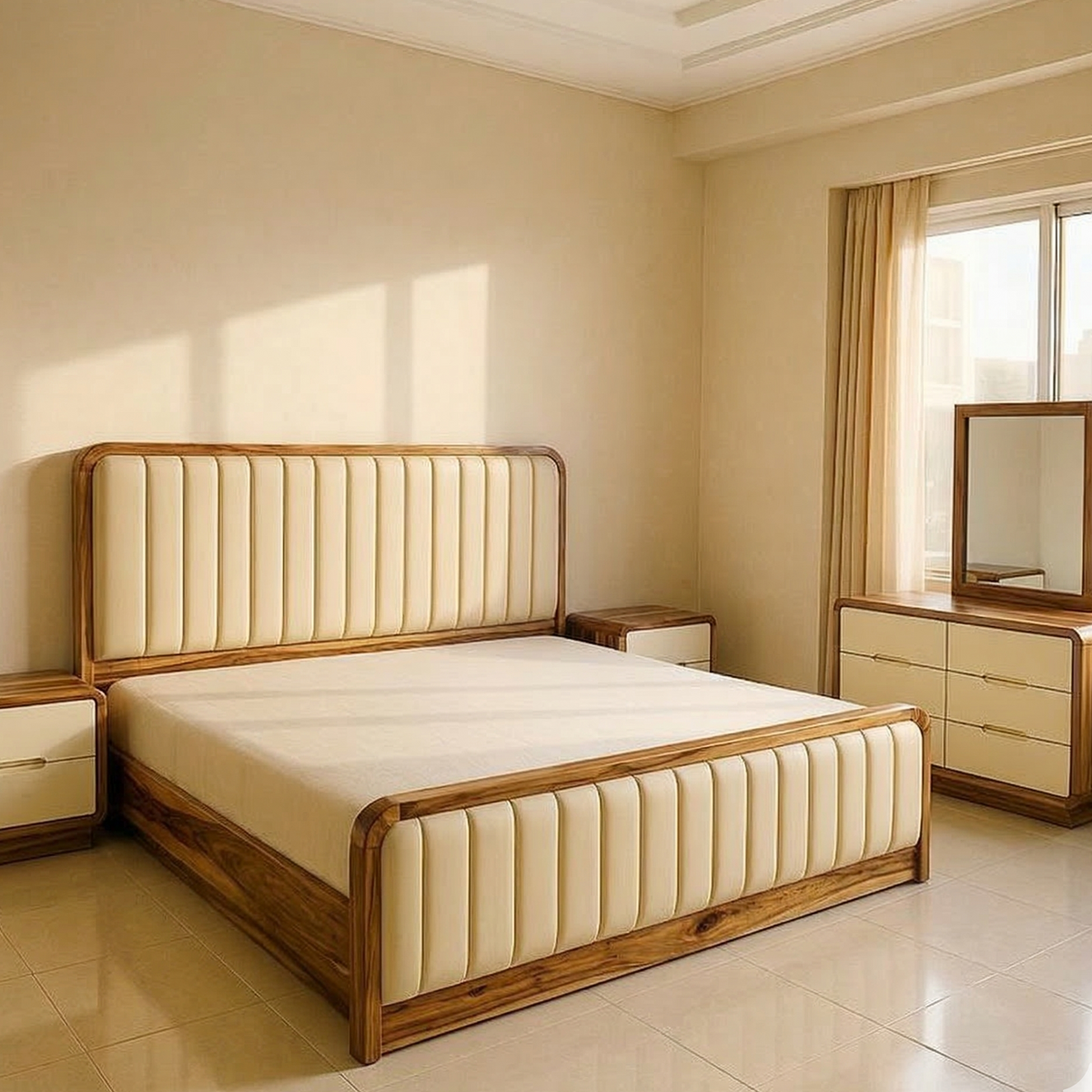 Beige bedroom with wooden bed and matching dresser.