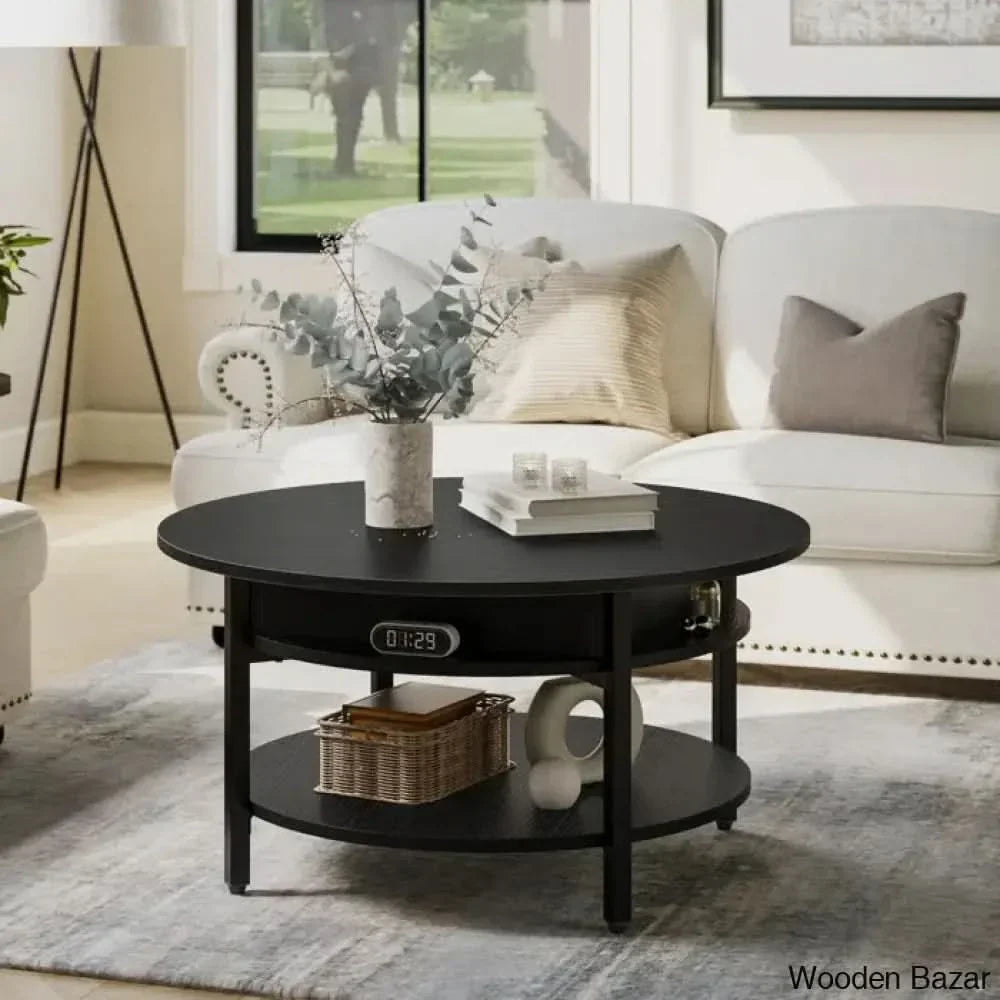 Wynny Wood Round Lift-Top Small Coffee Table Storage Cocktail Black