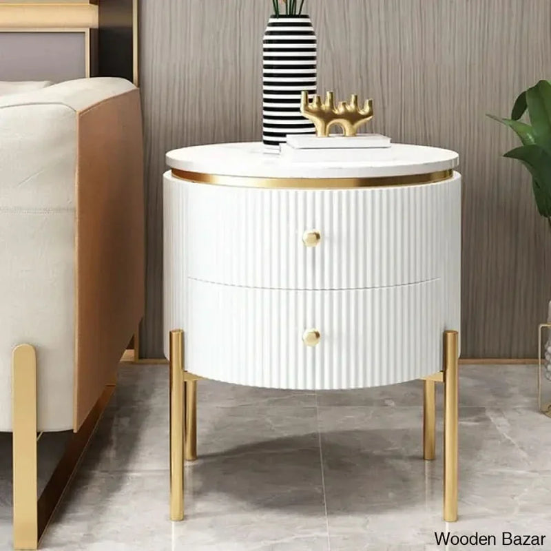 Yelly Modern Round End Table With Storage Drawers White Faux Marble Side Table Gold Legs - Wooden Empiro