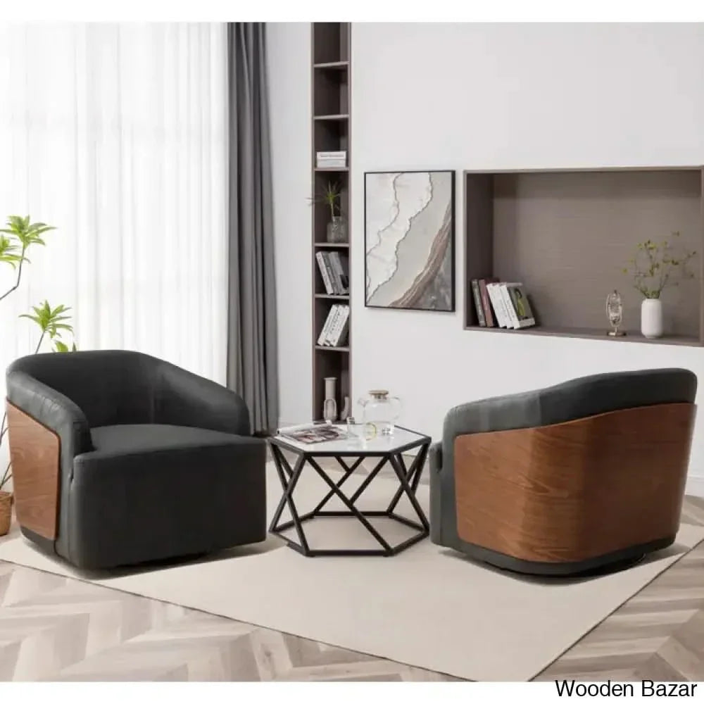 Zyony Luxury Vegan Leather Swivel Barrel Chair (Set Of 2) Black / Set 2